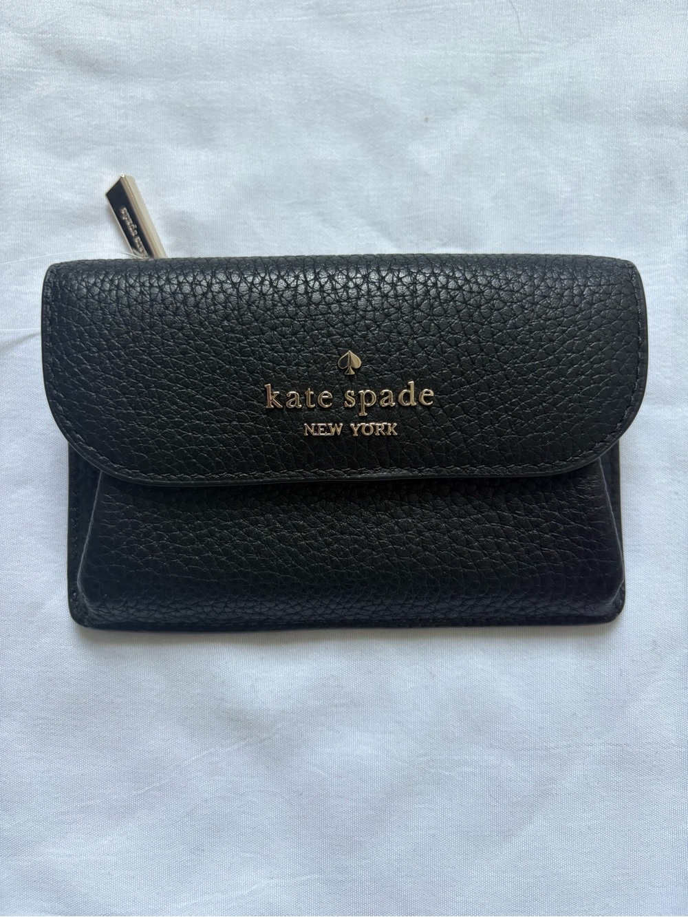 kate spade Black Pebbled Leather Card Wallet with Gold Logo